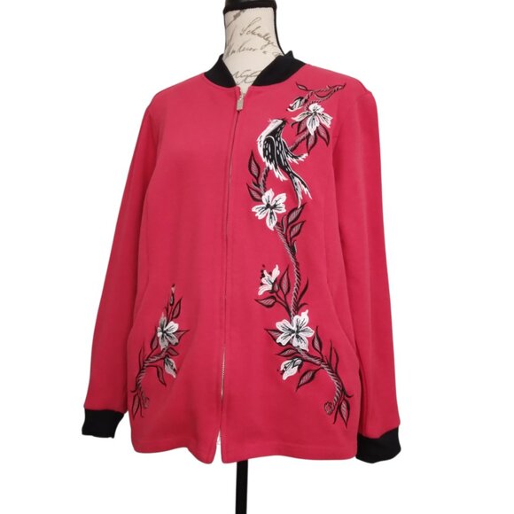 Bob Mackie | Embroidered Bird Flowers Knit Jacket Full Zip Red | Size XL - Picture 2 of 10